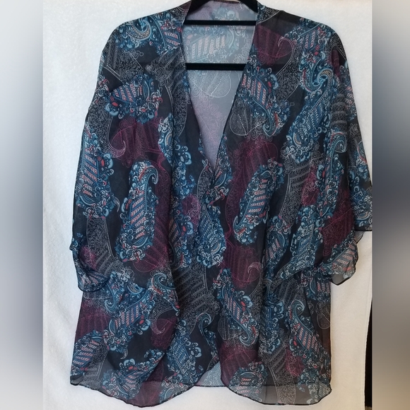 Jackets & Blazers - Sheer Paisley Open-Front Cape - Blue & Burgundy